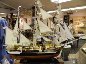 A model of the Charles W. Morgan sails unfurled, on display at the museum gift shop.