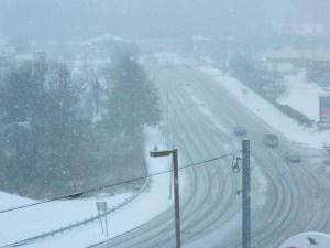 Bird's eye view of Hale Road, Manchester, CT as the Jan. 2 , 2014 snowstorm gets underway.
