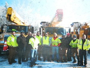 CL&P linemen 'Heroes of the North '- back row left to right: Steve Botti, Keith Portier, Mike Larned, Matt Charron, Wayne Harrington, Bob Mile, Tom Bongo, Fernando Vargas, Kenny LeMezux, Rick Johnson and in fron the team was led by Steve Jackson.