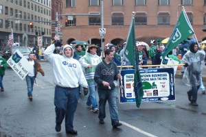 Hartford Whalers Booster Club members faithfully marche in the annual St. Patrick's Day Parades in Connecticut's capital city.