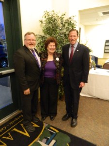 Mayor Donald Trinks and ANita Mips greet Sen. Richard Blumenthal.