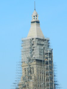 Scaffolding surrounds the Travelers Tower in Hartford, Connecticut on April 13, 2014 as part of a $30 million restoration project.