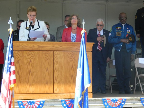 Photo by Jacqueline Bennett take 4/17/2014 Gold Star Mother Diane Deluzio with CTHM President Sue Martucci at her side read the names of Connecticut's fallen in the wars in Iraq and Afghanistan , including her son.