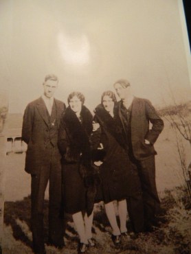 Her sister Anna's Ice Box Cookies can be found in Mom's Recipe Box. (The Generous sisters Anna and Cecelia(Mom) shown with their husbands Perce and John (Dad).