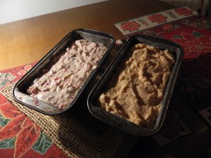 Cranberry Nut Bread and Peanut Butter Bread ready for the oven.