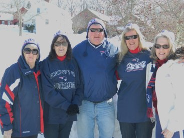 All for the Patriots! Behind us a mound of snow - of course- outside Sadler's Ordinary in Marlborough, CT where we kicked off Super Bowl Sunday with a "Go Pats!" breakfast.