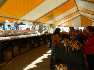 Strolling the outdoor market under a large canopy.