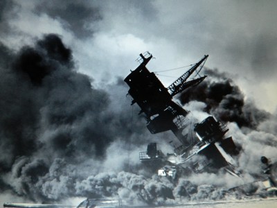 From Wikipedia: USS Arizona shown on December 7, 1941 during the attack on Pearl Harbor by the Imperial Japanese Navy.