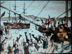 From HISTORY.com a depiction of the "Boston Tea Party".