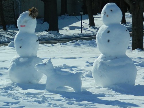 Mr. & Mrs. Snowman with a snow pup. North Main Street, Manchester,CT..
