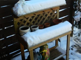 Notice the icicles to the left of the ready-for-spring Potter's Bench hanging off the fence. Photo taken April 6.