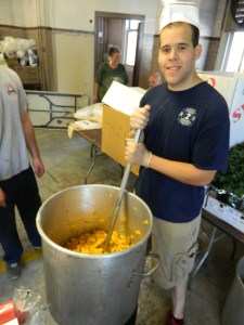 Churning the peaches.