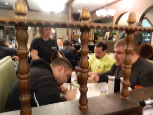 Enjoying the food at Jim's Pizza and signing up for raffle tickets.